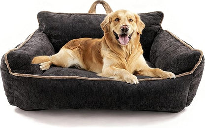 RAFASAFA Large Orthopedic Dog Sofa Bed with Sides, Carry Handle & Side Pockets .Plush Chenille Orthopedic Pet Bed Couch for Large Dogs.Portable Snuggler for Indoor Use, Travel & Recovery (Black)