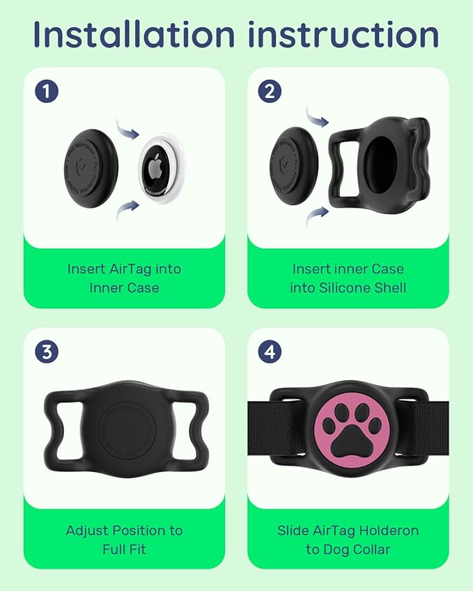 WhoseID IP68 Waterpoof Dog Air tag Holder, Stretchy Silicone Full Body Covered Apple Air Tag Holder for Dog Cat Collar Fit All Width Collar (Black & Rose, 1 Pack)