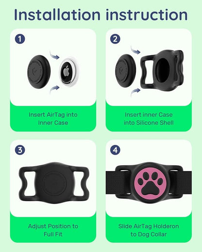 WhoseID IP68 Waterpoof Dog Air tag Holder, Stretchy Silicone Full Body Covered Apple Air Tag Holder for Dog Cat Collar Fit All Width Collar (Black & Rose, 1 Pack)