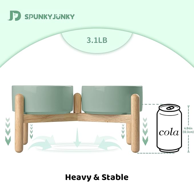 SPUNKYJUNKY Ceramics Raised Dog Bowls with Wooden Stand - Elevated Bowls for Small Medium Dogs (Double 28.7OZ, Light Green)
