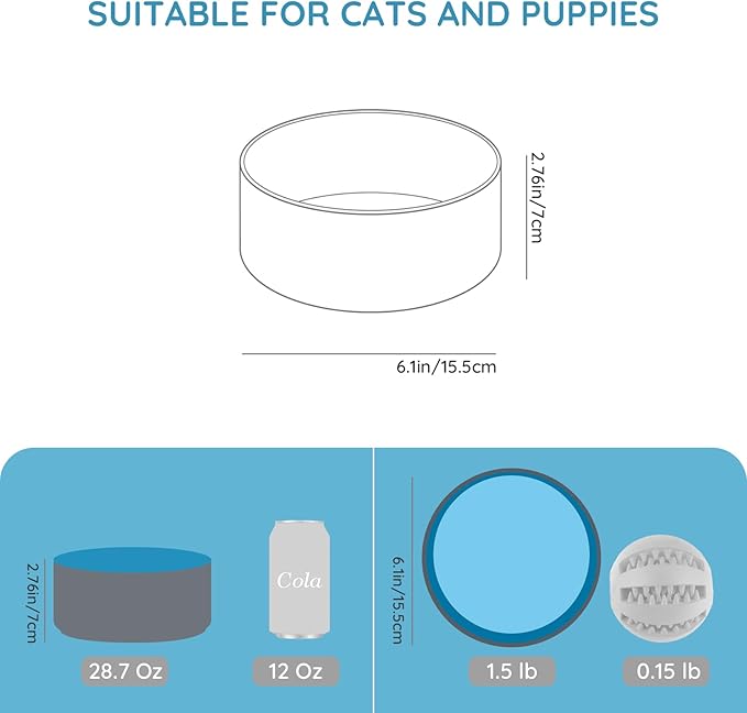 SPUNKYJUNKY 28.7OZ Ceramic Dog and Cat Bowl, Modern Cute Weighted Food Water Bowl for Replace Blue-Grey (1 Pack)
