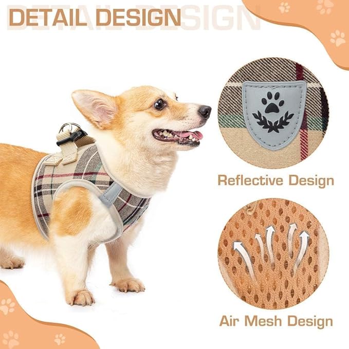 KOOLTAIL Dog Harness and Leash Set for Small Medium Dogs, Step in No Pull Soft Mesh Dog Harness Comfort Padded Pet Vest, Adjustable Reflective Easy Walking Puppy Cats Harnesses Training, Plaid Beige M