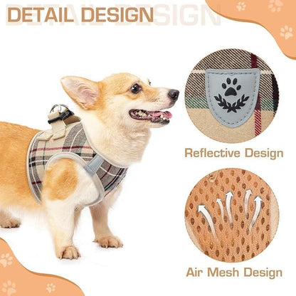 KOOLTAIL Dog Harness and Leash Set for Small Medium Dogs, Step in No Pull Soft Mesh Dog Harness Comfort Padded Pet Vest, Adjustable Reflective Easy Walking Puppy Cats Harnesses Training, Plaid Beige M