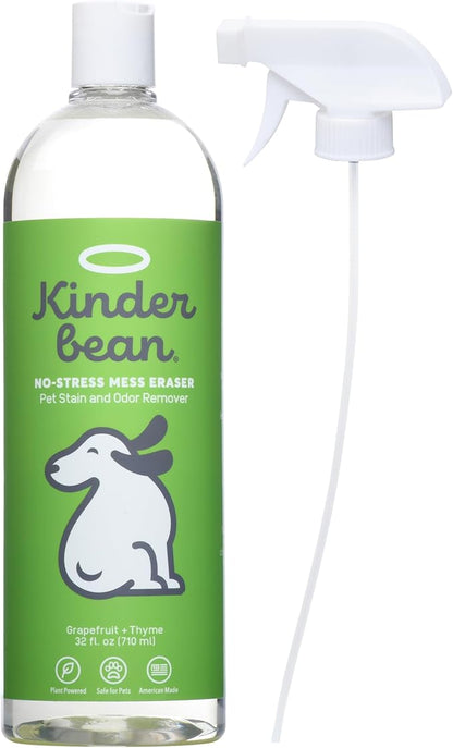 Kinderbean Dog & Cat Urine Stain and Odor Eliminator for Carpet, Upholstery, Hard Floors - Single 32 oz., Grapefruit & Thyme Scent, Enzyme Bio-Active Formula with Squeeze and Spray Top