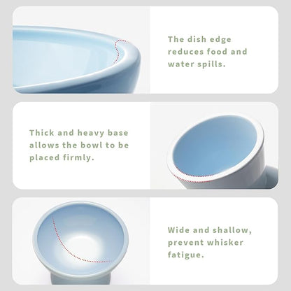 CEEFU 2 Elevated Ceramic Cat Bowls Extra Wide for Food & Water – Whisker Fatigue Shallow Food Dish, Lead & Cadmium-Free, Raised Height for Cats, Blue