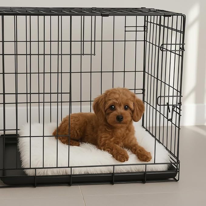 IHAPPYDOG Luxury Faux Fur Orthopedic Dog Beds, Memory Foam Crate Bed for Small, Medium, Large and XL Pets, Fluffy Pet Bed with Waterproof and Washable Cover, Fits Crates (White, 23"x18")