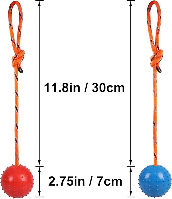 2 Pack Dog Ball, K9 Ball on Rope for Reward, Fetch, Play (Blue and Red)