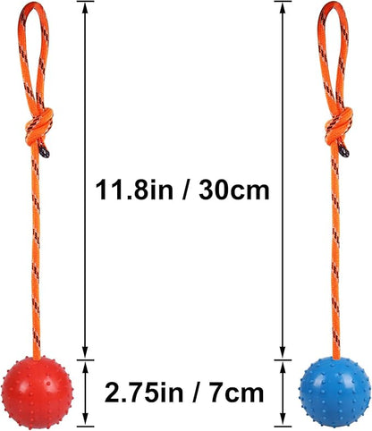 2 Pack Dog Ball, K9 Ball on Rope for Reward, Fetch, Play (Blue and Red)