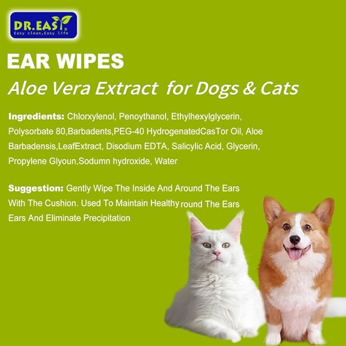 Dr.Easy Pet Ear Grooming Wipes 120ct for Dogs & Cats,Fragrance Free,Helps Dissolve Wax Build-Up and Control Ear Odor,flushable & Compostable,Stop Ear Itching,Natural Cleansing.