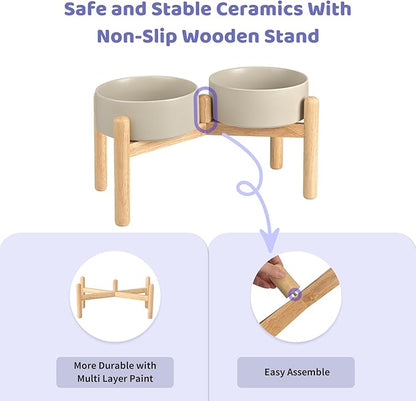 SPUNKYJUNKY Ceramics Raised Bowls with Wooden Stand - Elevated Dog Food and Water Bowl (Double 28.7OZ, Grey)