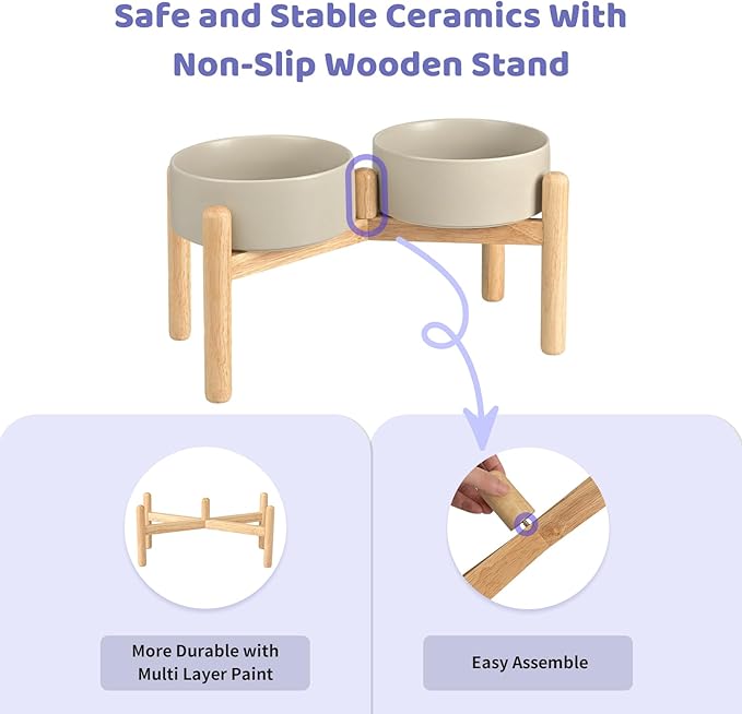 SPUNKYJUNKY Ceramics Elevated Dog Bowls with Wooden Stand - Raised Dog Bowl for Medium Large Dogs - Double 60OZ Bowls, Grey