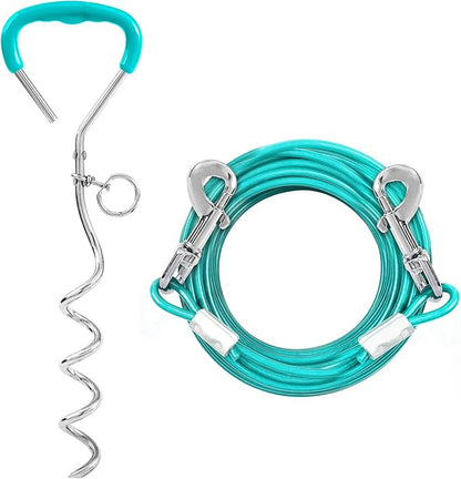 Snagle Paw Dog Tie Out Stake and Run Cable, 10FT Long Lead with Yard Stake, Chains for Outside, Leash Camping & Beach, Tether Medium Large Dogs, Ice Blue