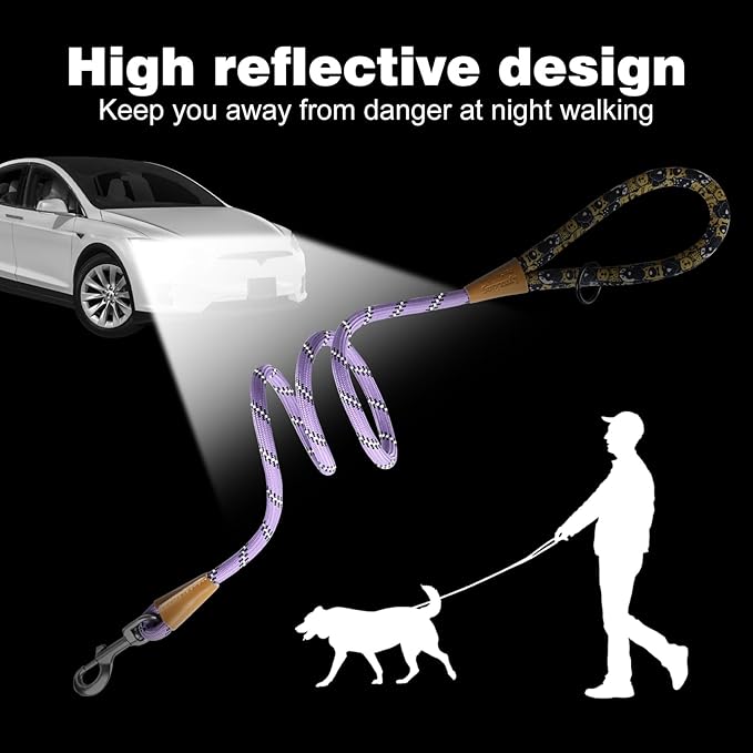 lynxking Rope Dog Leash 6 FT with Comfortable Padded Handle, Highly Reflective Threads Leash for Small Medium Large Dogs (Light Purple, Large 1/2in x 6ft-Rope Clasp)