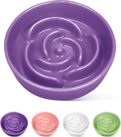TRUVIC Ceramic Slow Feeder Dog Bowls Small Breed, 0.6 Cup Slow Feeder Cat Bowls for Fast Eaters, Ceramic Dog Food Dish no Black Chin, Puzzle Bowl for Small Dogs and Cats, Purple