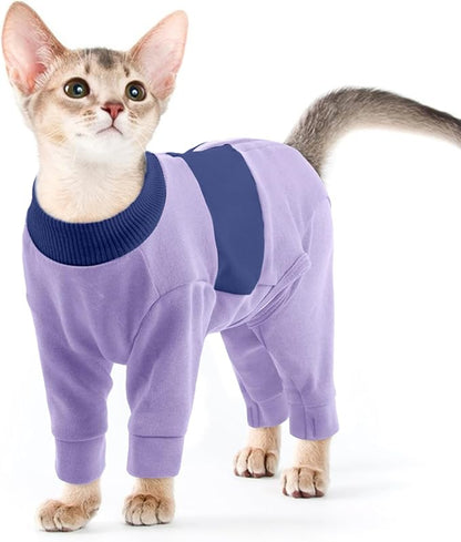 QBLEEV Cat Clothes, Soft Cat Sweaters for Cats Only, Kitten Surgery Recovery Suit Onesie Pajamas, Four Legs Cats Shirts Apparel Clothing for Hair Loss Prevention, Purple, S