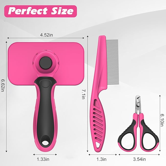Comotech 3PCS Cat Grooming Supplies,Cat Brush & Nail Clipper/Trimmer & Flea Comb for Shedding Indoor Cats Dogs and Small Animals - Meet All Your Pet's Daily Grooming Needs - All in One Set (Pink)