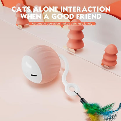 Interactive Cat Toys Ball - Electric Automatic Toys for Indoor cats, LED Lights and Toys Feather Tail with Sound Activated and Touch, USB Rechargeable, 2peeds Mode for Bored Kittens/Adult Cats/Ferret