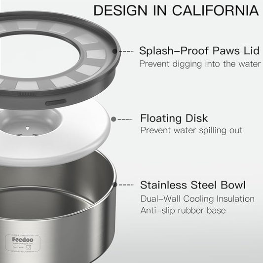 Feedoo 2L No Spill Water Bowl for Dogs, Double-Wall Stainless Steel with Splash-Proof Paws Lid and Floating Disk, Non-Slip Base, Easy to Clean Slow Water Feeder for Small Medium Dogs