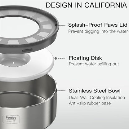 Feedoo 1Gallon No Spill Water Bowl for Dogs, Double-Wall Stainless Steel with Splash-Proof Paws Lid and Floating Disk, Non-Slip Base, Easy to Clean Slow Water Feeder for Large Medium Dogs