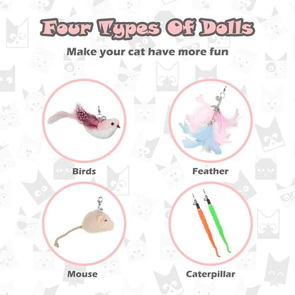 Greoil Interactive Cat Toys for Bored Indoor Adult Cats, 3 in 1 Cat Toys for Bored Cats,7 Pack Cat Teaser Cat Toys, Cats Toy Feather, Super Suction Cup Detachable with Balls and Birds