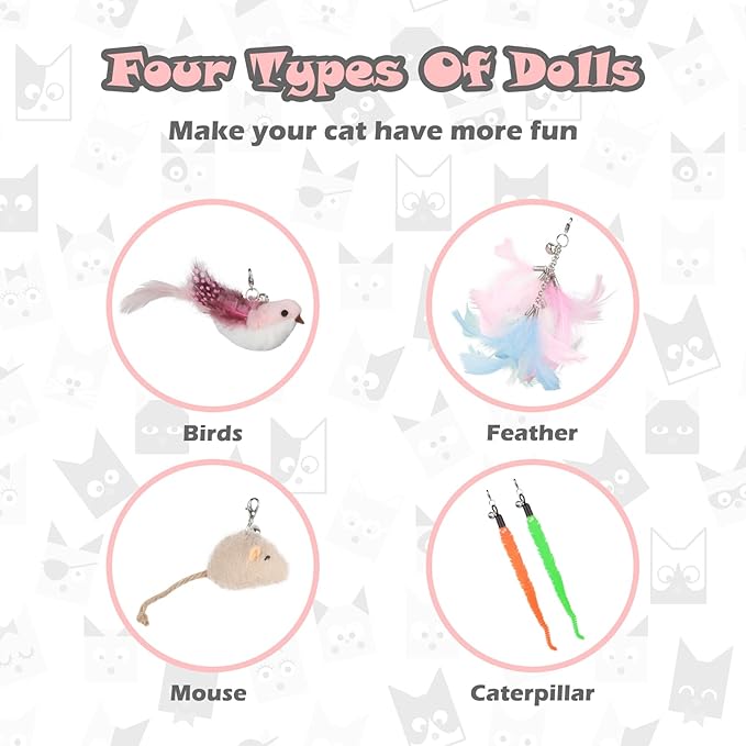 Greoil Cat Feather Toys, Interactive Cat Toy for Indoor Cats,Cat Wand Toys with 2 Suction Cup and 3 Wands, 3 in 1 Cat Toys for Bored Cats, Kitten Toy with Balls and Birds