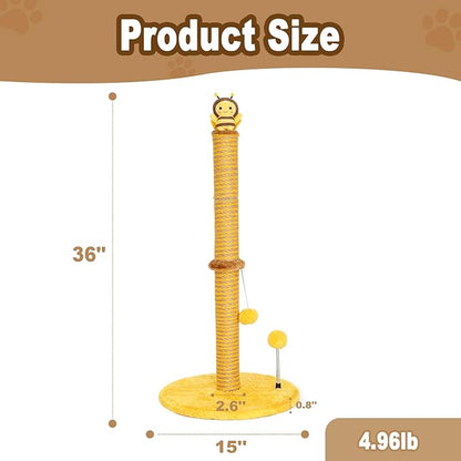 VIEFIN Bee Cat Scratching Post, 36" Tall Cat Scratcher for Indoor Cats - Modern Sisal Scratch Post with Dangling Ball & Plush Toys for Kittens and Adult Cats