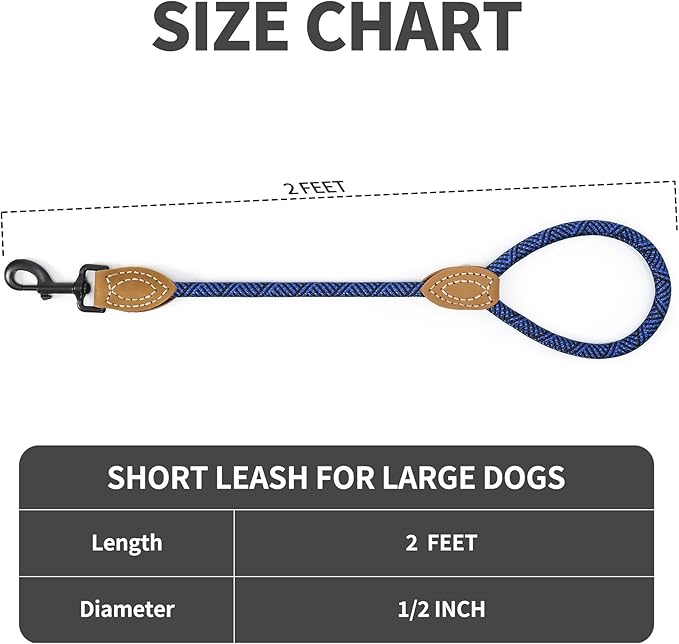 Mile High Life Short Leash for Large Dogs, Short Dog Rope Leash with Heavy Duty Metal Sturdy Clasp, Genuine Leather Tailored Connection(Blue, 18 Inch)