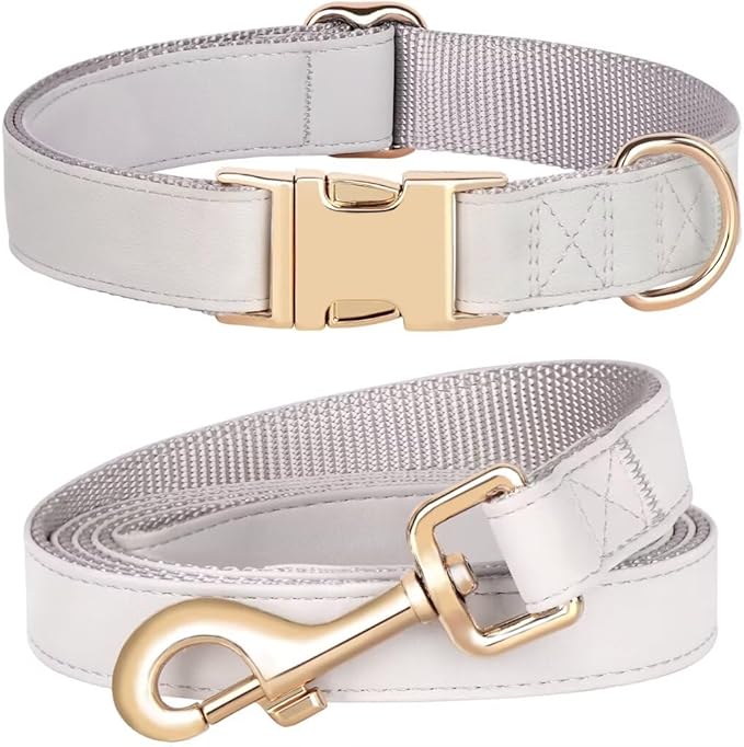 PET ARTIST Soft PU Leather Dog Collar and Leash Set, Bright & Stylish 5FT PU Leather Leash and Collar Set, Durable Pet Collars with Quick Release Metal Buckle for Small Dogs,Gray,S(9"-14")
