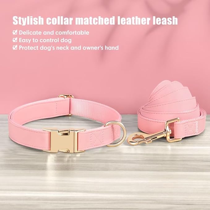 PET ARTIST Soft PU Leather Dog Collar and Leash Set, Bright & Stylish 5FT PU Leather Leash and Collar Set, Durable Pet Collars with Quick Release Metal Buckle for Small Dogs,Pink,S(9"-14")