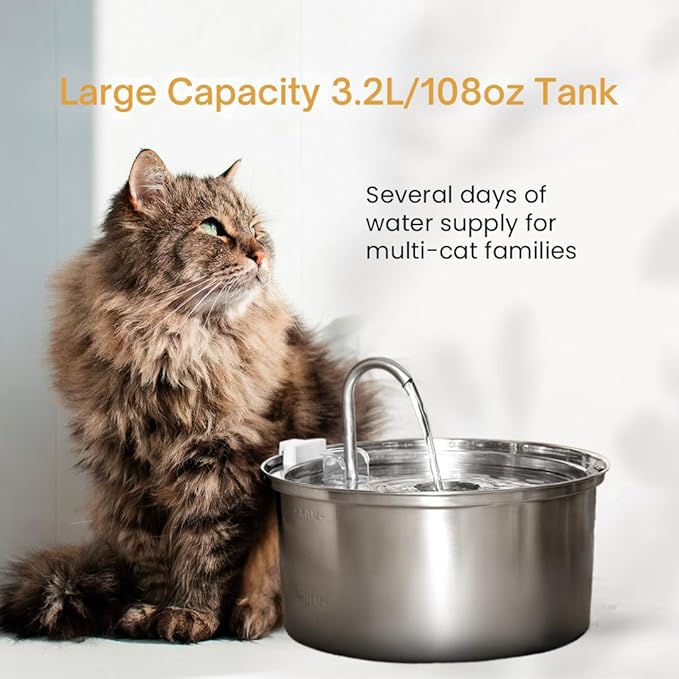 KittySpout Stainless Steel Cat Water Fountain Automatic Drinking Fountain, Quiet Circulating Water Bowl, Dishwasher Safe, Indoor Pet Fountain for Hydrated Healthy Cats (Stainless Steel, 3.2L Corded)