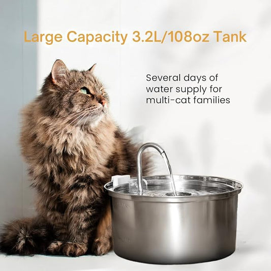 KittySpout Stainless Steel Cat Water Fountain Automatic Drinking Fountain, Quiet Circulating Water Bowl, Dishwasher Safe, Indoor Pet Fountain for Hydrated Healthy Cats (Stainless Steel, 3.2L Corded)