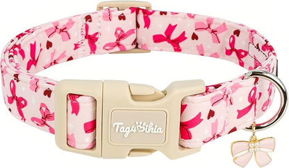 Adjustable Girl Dog Collars with Pink Bow, Cute Spring Summer Collar for Girl Boy Dog, Pink Pet Collar for Small Medium Large Dogs-S