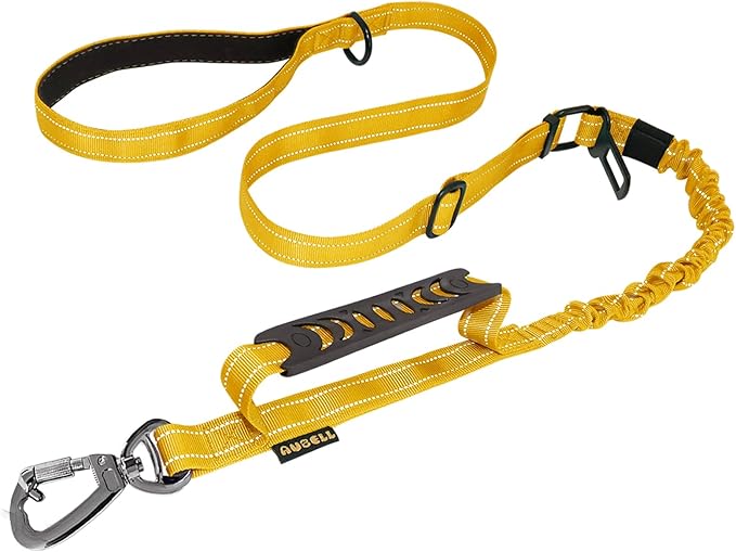 AUBELL Tactical Dog Leash Heavy Duty,4-6ft Reflective Strong No Pull Bungee Leash for Medium Large Dogs with Comfortable Padded Double Handle,Car Seat Belt,360 Degree Rotating Carabiner,Yellow