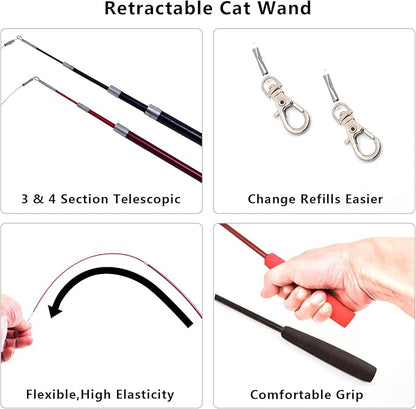 miwoowim Interactive Cat Wand Toy Set – 2 Retractable Wands (38" & 50") with 11 Refills Attachments – Feather Toys, Plush Bird, Worms, Insect & Swallow – Cat Teaser Toys for Indoor Cats & Kittens