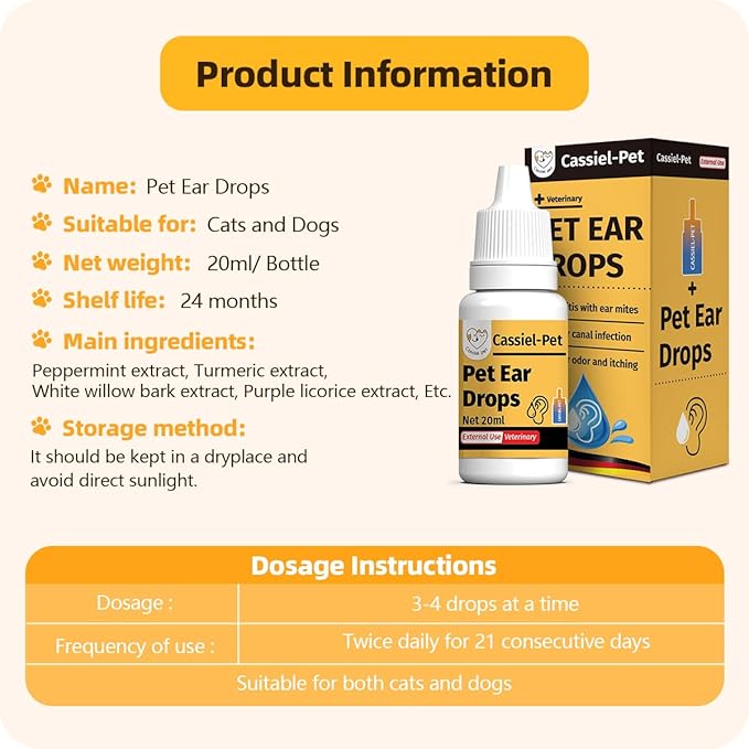 Ear Drops for Ear Infection Treatment, Ear Mites Treatment, Dog Yeast Soothing Cleansing, Ear Wax Removal, Itchy Ear Relief for Dogs and Cats | 20 ml 0.67 FL OZ