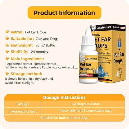 Ear Drops for Ear Infection Treatment, Ear Mites Treatment, Dog Yeast Soothing Cleansing, Ear Wax Removal, Itchy Ear Relief for Dogs and Cats | 20 ml 0.67 FL OZ