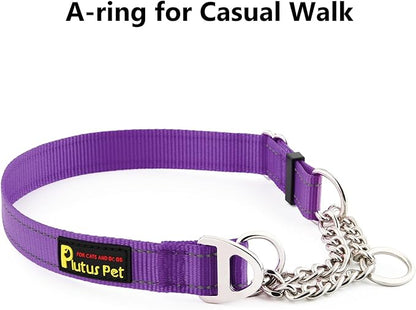 Plutus Pet Martingale Dog Collar with Stainless Steel Chain and Reflective Nylon, Adjustable No Pull Training Collar, for Small Medium, and Large Dogs, Purple, L