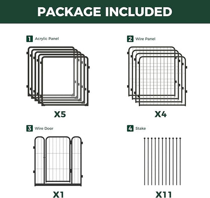 FXW Acrylic & Wire Mesh Indoor Dog Playpen, Heavy Duty 24 Inch 10 Panels Metal Dog Pen for Puppy and Small Dogs, Black│Patented