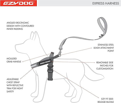 EzyDog Express Dog Harness - Adjustable Dog Harness for Large, Medium, and Small Dogs with Padded Ergonomic Anti-Chafing Design, Grip Handle, & Easy Side Buckle (Gray, XS)