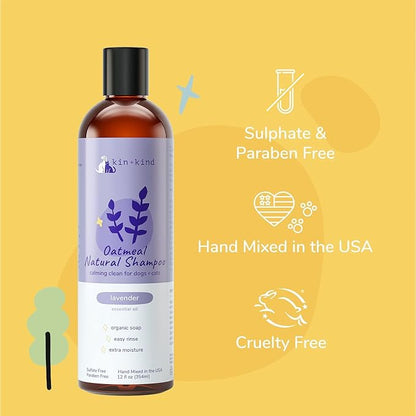 kin+kind Oatmeal Shampoo for Dogs & Cats – Natural Anti Itch Pet Shampoo for Sensitive Skin w/Colloidal Oatmeal, Coconut Oil & Olive Oil – Moisturizing Oatmeal Bath for Dry, Itchy – Lavender 12 fl oz
