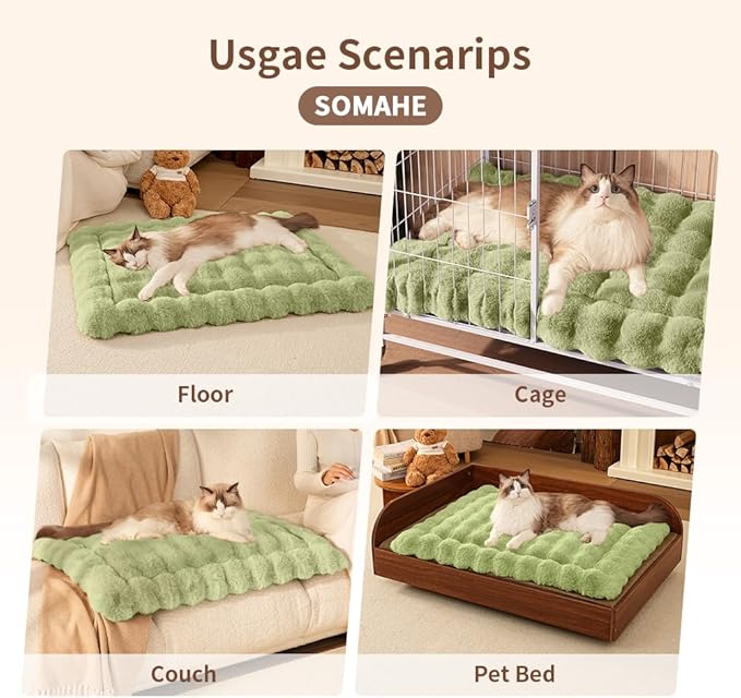 SOMAHE Self-Warming Cat Bed, Plush Faux Fur Pet Bed Mat with Anti-Slip Bottom, Ultra Soft Heated Bed for Cats & Medium Dogs, Cozy Fluffy Pad for Couch & Crate, Machine Washable, 27x20 Inch Green