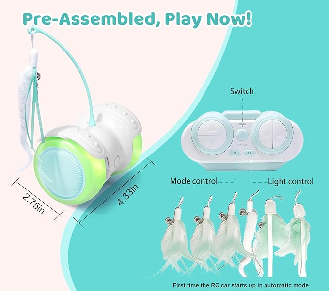 ZeLing HTL Remote Control Cat Toy with Auto Mode - Interactive Cat Toy Feather for Indoor, Moving Cats Catnip Toys & LED to Keep Bored Cats Active & Entertained