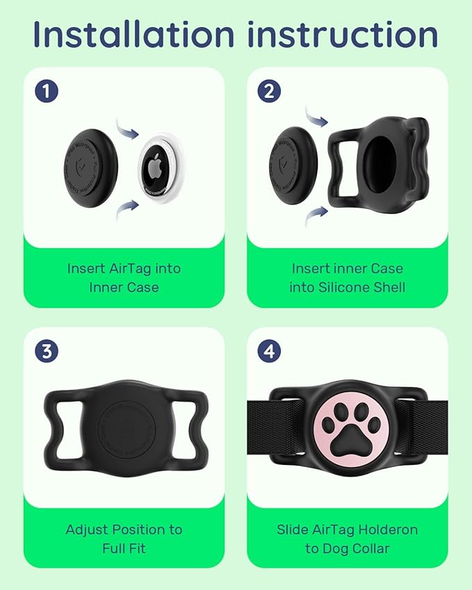 WhoseID IP68 Waterpoof Dog Air tag Holder, Stretchy Silicone Full Body Covered Apple Air Tag Holder for Dog Cat Collar Fit All Width Collar (Black & Pink, 1 Pack)