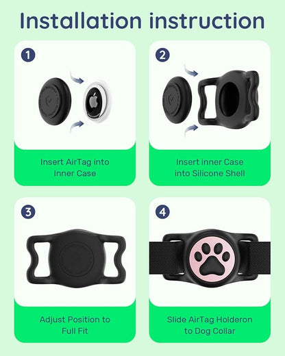 WhoseID IP68 Waterpoof Dog Air tag Holder, Stretchy Silicone Full Body Covered Apple Air Tag Holder for Dog Cat Collar Fit All Width Collar (Black & Pink, 1 Pack)