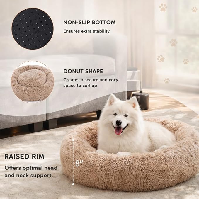 Dog & Cat Bed for Indoor Cats, 30in Calming Donut Pillow mat for Puppy and Kitten, Washable Cooling Round Fluffy Pet Nest for Small Medium Dogs and Cats, Brown