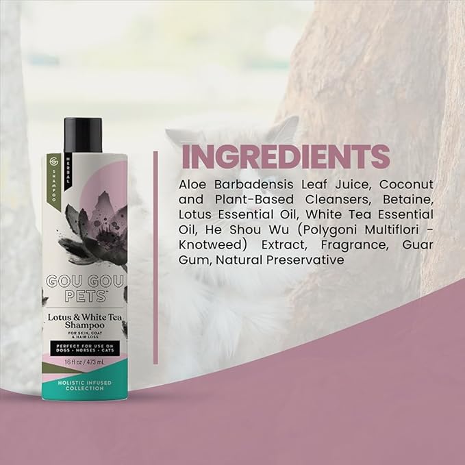Gou Gou Pets Holistic Natural Derived Lotus and White Tea Pet Shampoo: Veterinarian Recommended - Remove Dirt, Cleanse and Restore Your Dog, Cat or Horse Coat - Made in USA - 16 oz