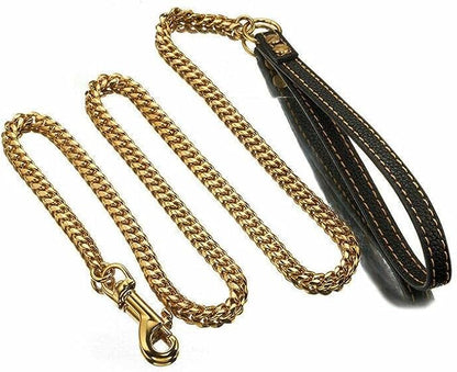 3FT/4FT/5FT Heavy Duty Gold Dog Chain Leash 10MM Stainless Steel Miami Cuban Link Chain with Durable Genuine Leather Handle for Training Walking(10mm,3ft)…