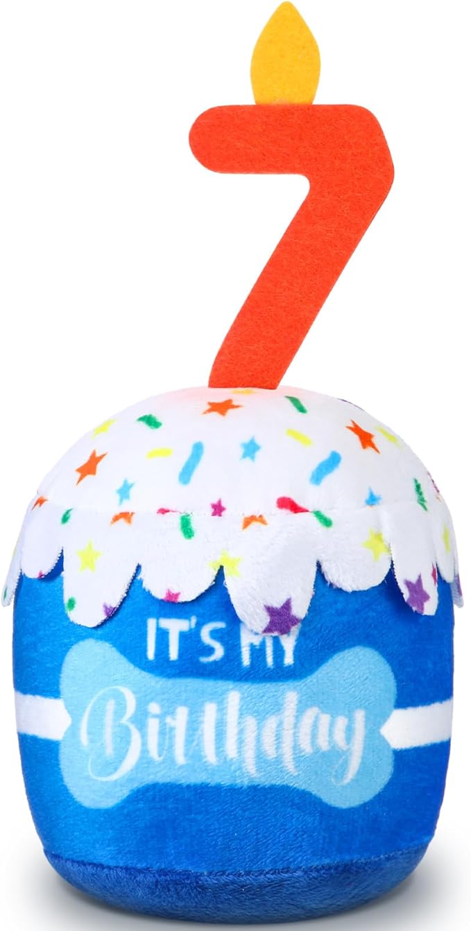 Dog Birthday Cake Toy Accessories for Girl Boy Gifts, Squeaky Plush Toy for Dog Birthday Party Decor Favor for Large, Medium and Small Dogs(7th,Blue)