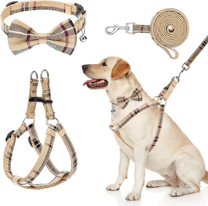 BINGPET Dog Harness Collar Leash Set,Adjustable No Pull Escape Proof Small Dog Harness,Classic Plaid Puppy Harness and Leash Set for Small Medium Large Dogs Training Easy Walk Running(Beige,L)