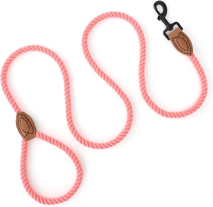 Mile High Life Dog Leash, Braided Cotton Rope Leashes with Leather Tailor Tip with Leather Tip - Heavy Duty Metal Clasp, 5FT, 1/2" Thick - Wedding, Walking Leash for Medium Large Dogs(Pink)